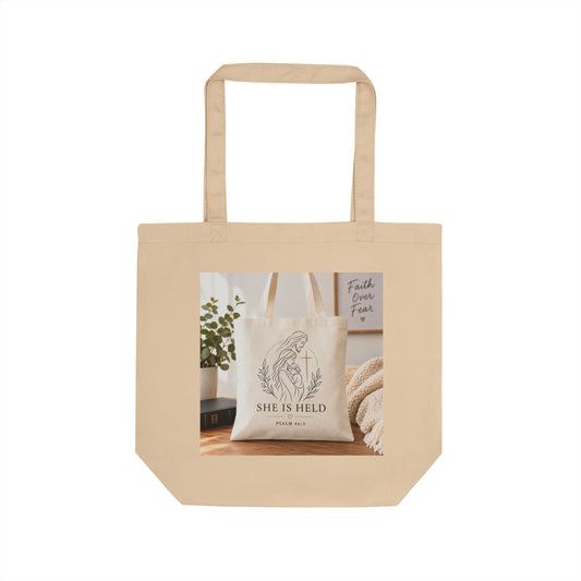She Is Held Cotton Tote Bag – Inspirational Scripture Eco Tote
